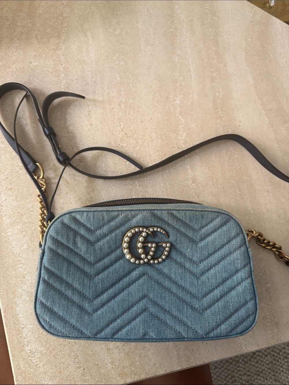 Gucci Light Blue Denim GG Pearl-Embellished Chevron Crossbody Bag